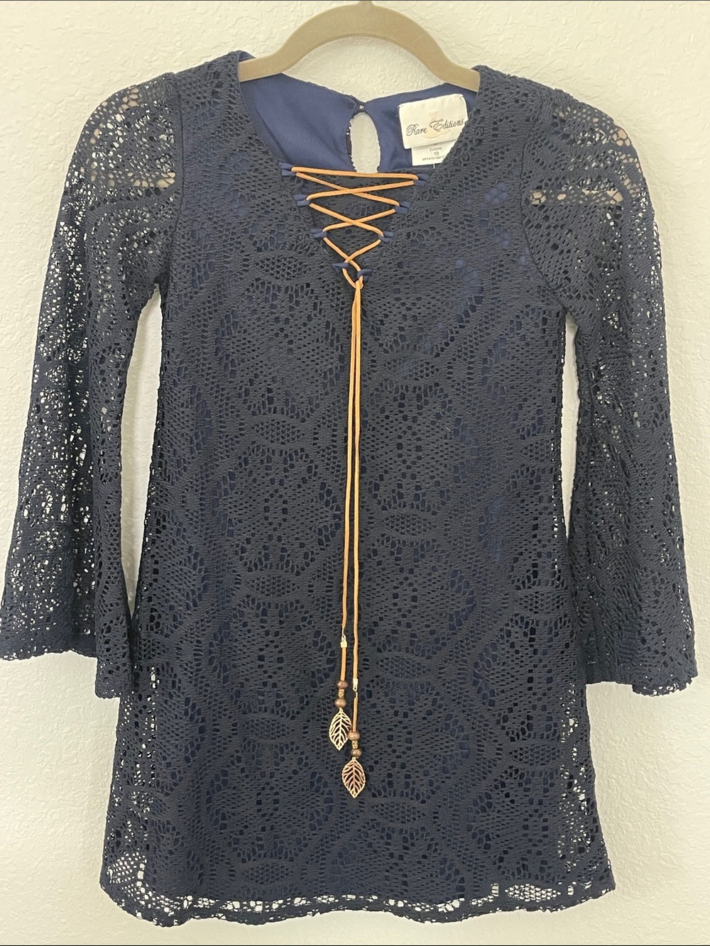 Girls Navy Crochet Lace Tunic Shift Dress with Tassel Tie and Bell Sleeves